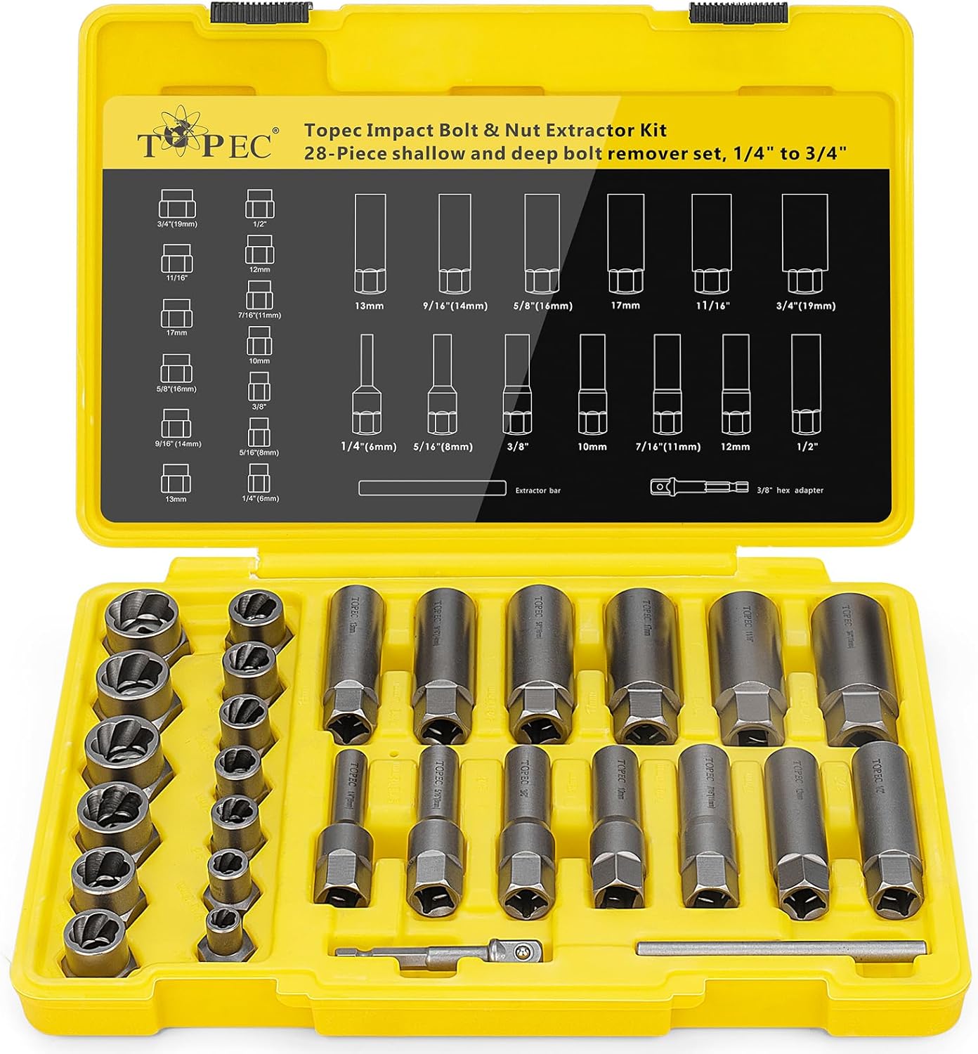 Topec 28pcs Deep Bolt Extractor Set and Spark Plug Extractor Socket Se