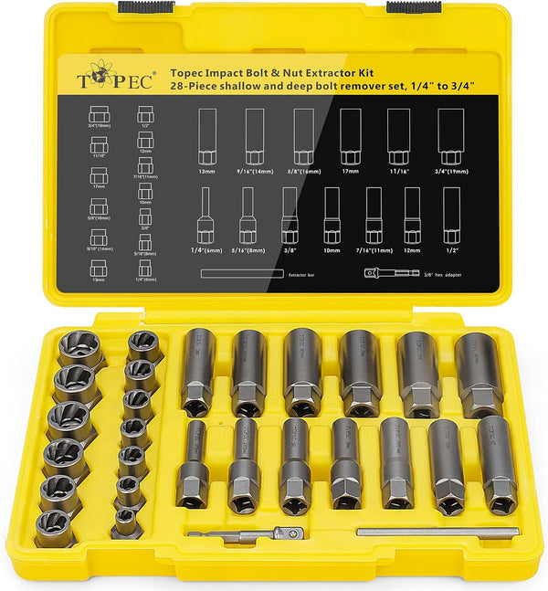 Topec 28pcs Deep Bolt Extractor Set and Spark Plug Extractor Socket Set-T8090