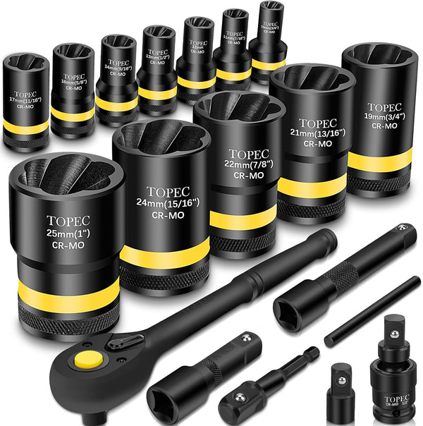 Topec 19pcs Impact Lug Nut Extractor Socket Set and Wheel Lock Removal Kit-T8102