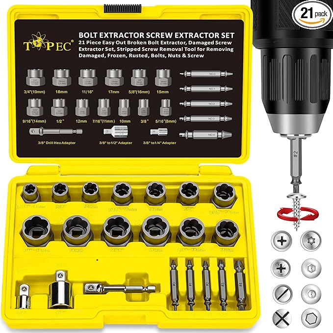 Topec 21PCS Easy Out Bolt Extractor Socket Set and Stripped Screw Remo