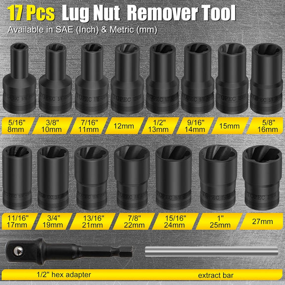 Topec 17PCS Lug Nut Extractor Set and Universal Wheel Lock Removal Kit
