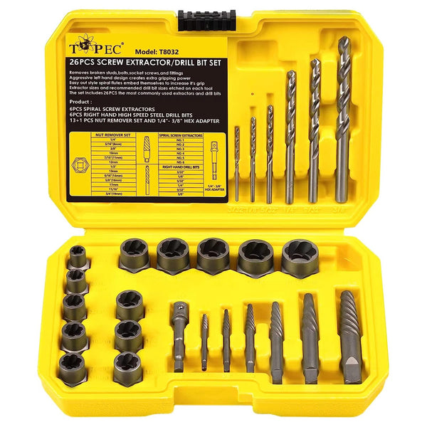 Topec 26-Piece Screw & Bolt Extractor and Drill Bit Set-T8032