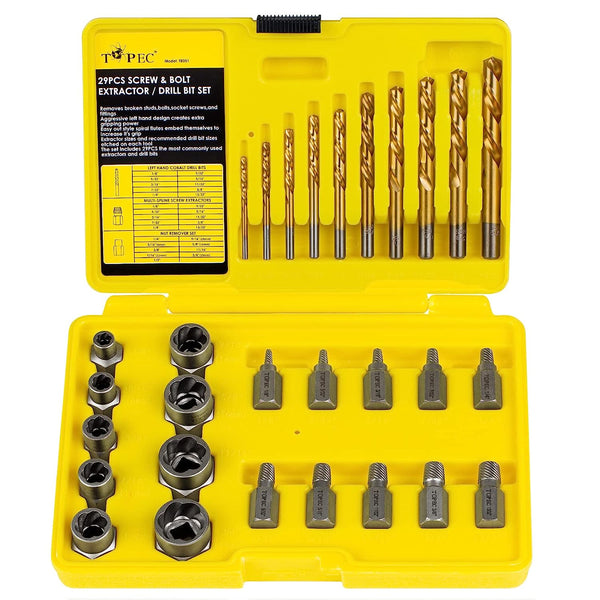 Topec 29Pcs Bolt Extractor Set and Drill Bit Kit-T8051