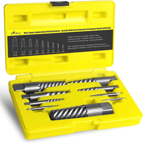 Topec 9Pcs Jumbo Spiral Flute Bolt Screw Extractor Set and Drill Bit Set-T8055