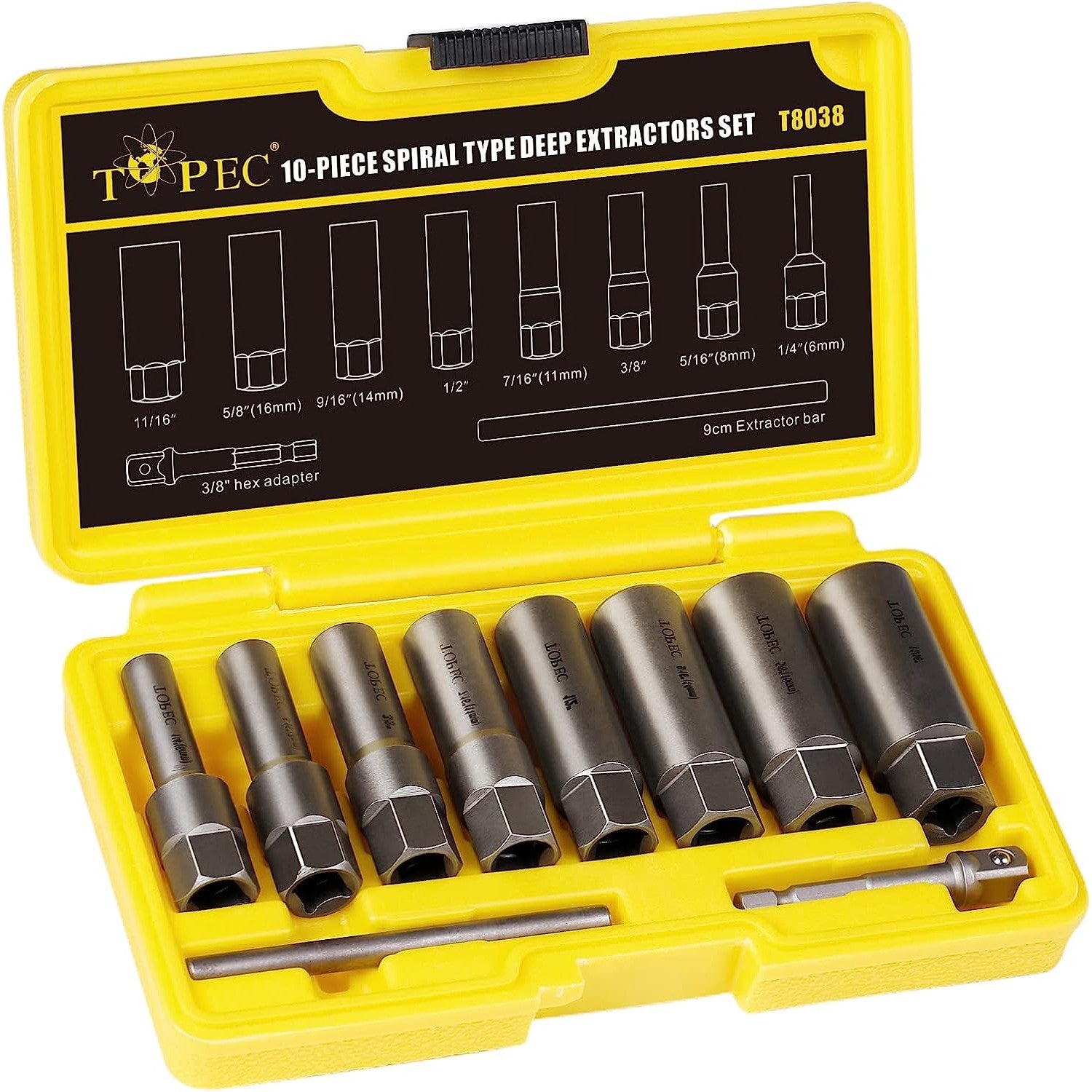 TOPEC 10-Piece Spiral Type Deep Bolt Extractor Set-T8038 – Topec